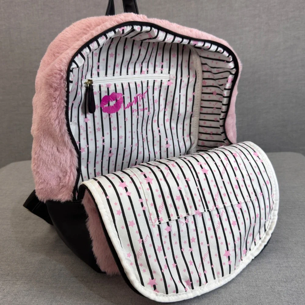 Luv Betsey by Betsey Johnson Pink Faux Fur FoxBackpack Black Faux Leather Trim